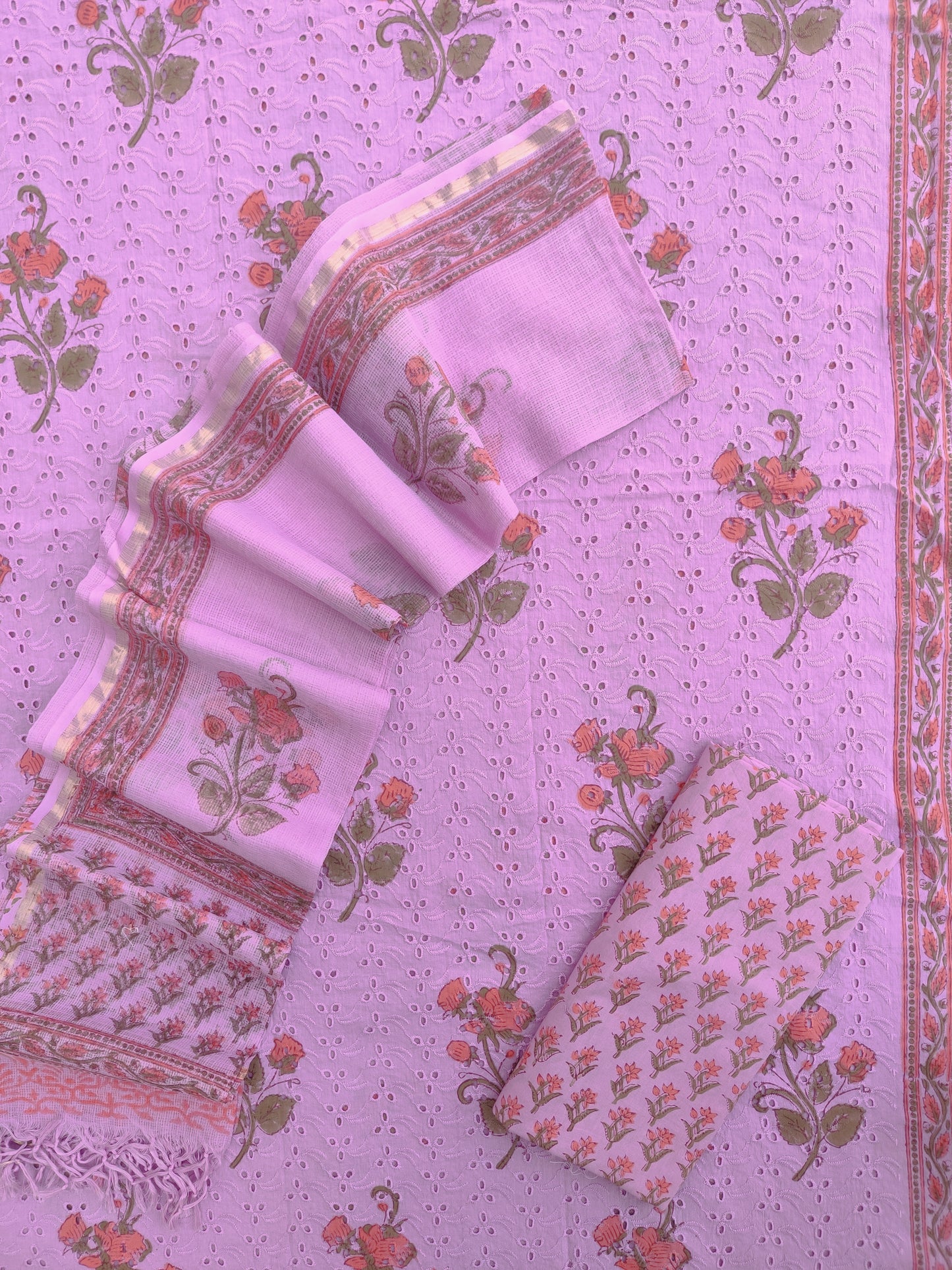 Hand Block Printed Cotton Schiffli Suit with Kota Doria Dupatta