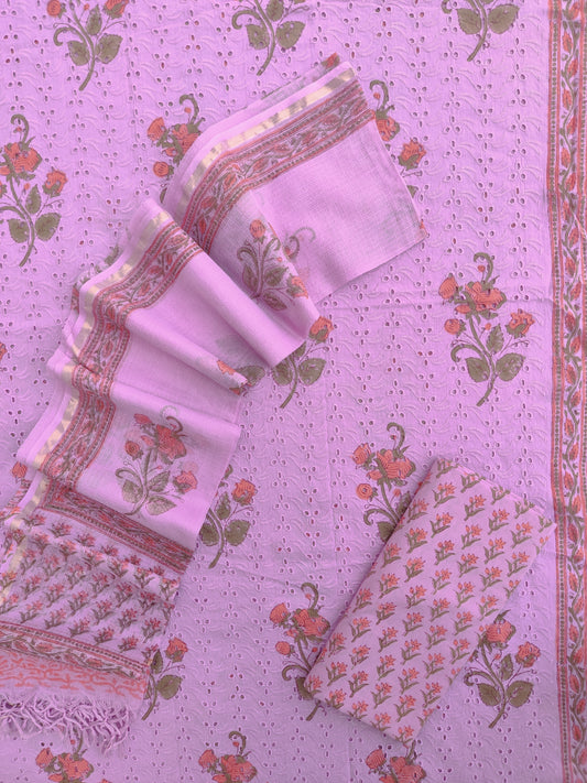 Hand Block Printed Cotton Schiffli Suit with Kota Doria Dupatta