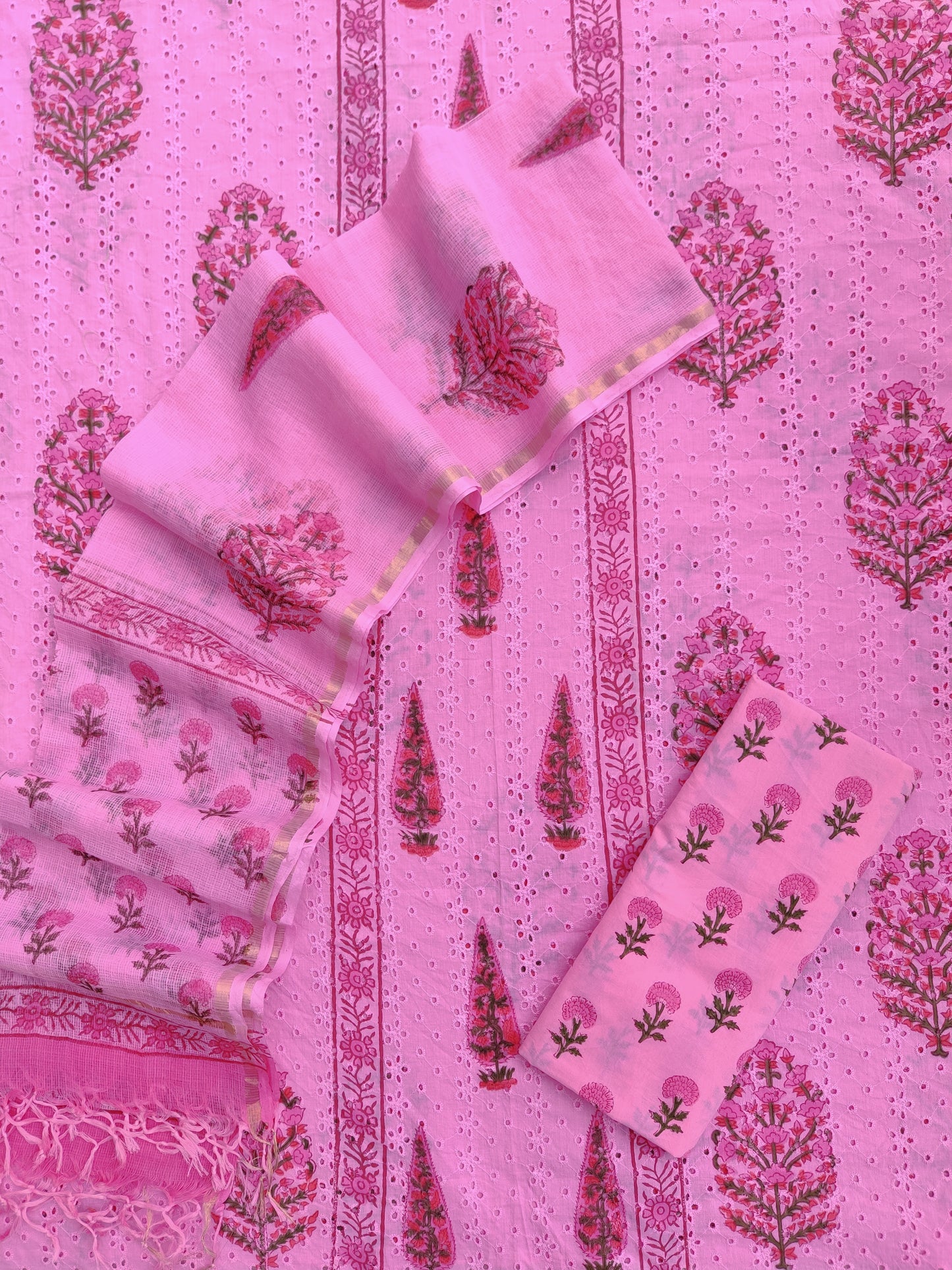 Hand Block Printed Cotton Schiffli Suit with Kota Doria Dupatta
