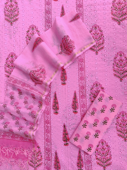 Hand Block Printed Cotton Schiffli Suit with Kota Doria Dupatta