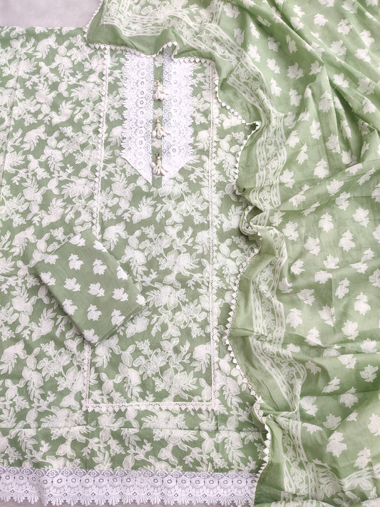 NEW LAUNCH            Exclusive Unstitched Cotton Neck Work Suits with Mulmul Dupatta