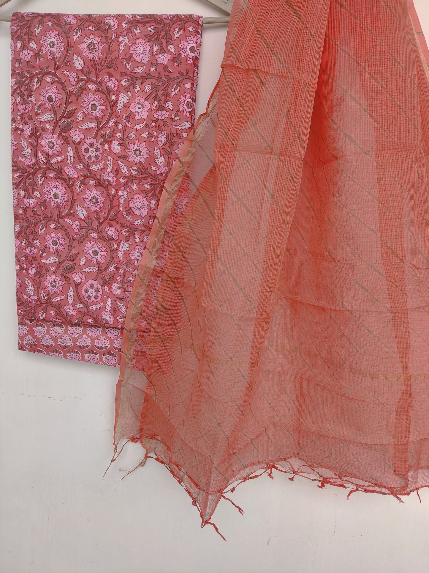 BLOCK PRINTED COTTON SUIT WITH LEHRIYA KOTA DORIA DUPATTA