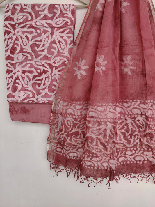 (BATIK) Hand Block Printed Cotton Suit with Cotton Kota Doria dupatta