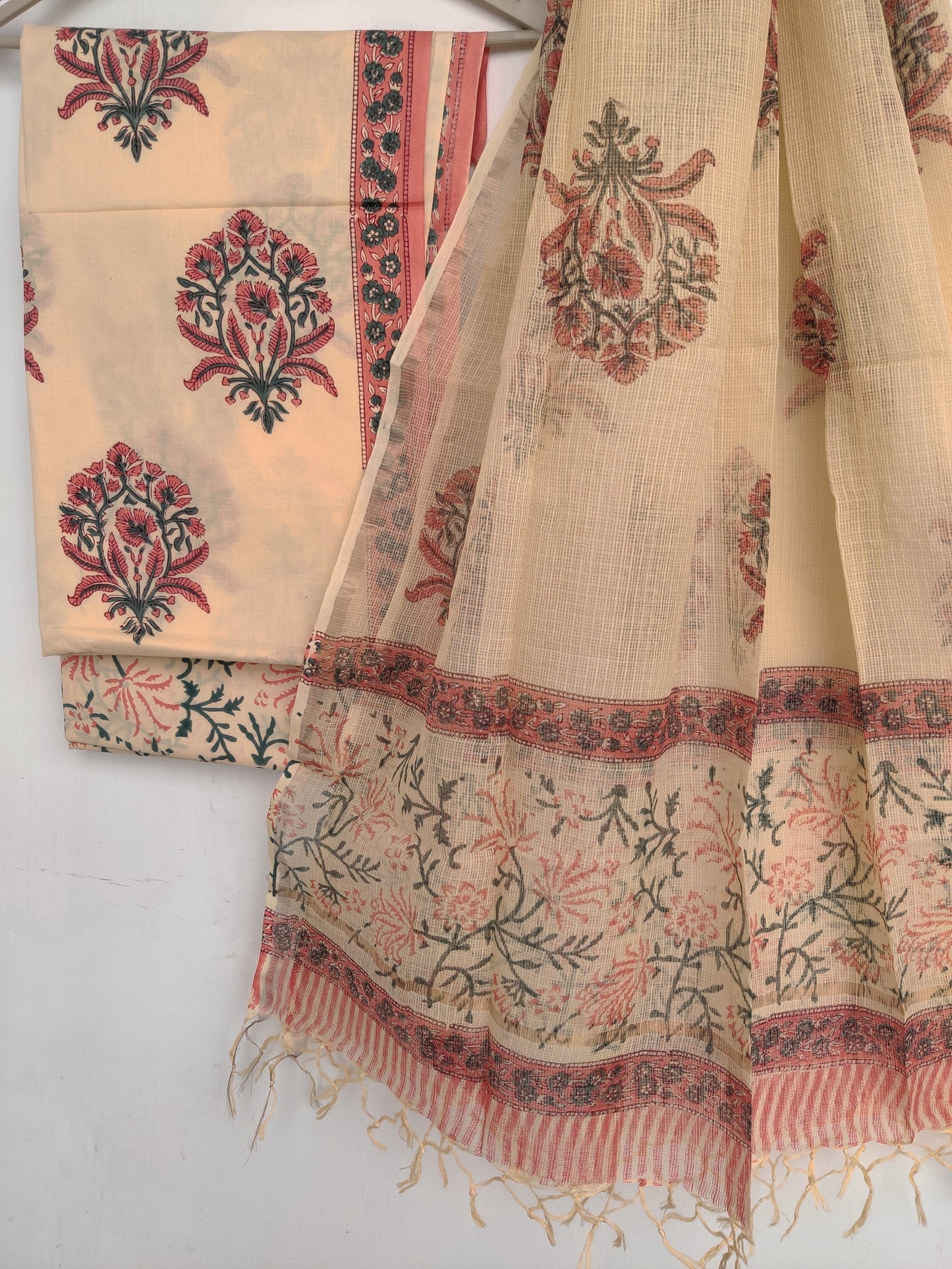 Hand Block Printed Cotton Suit with Cotton Kota Doria dupatta