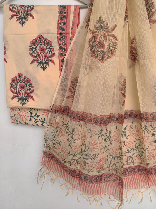 Hand Block Printed Cotton Suit with Cotton Kota Doria dupatta
