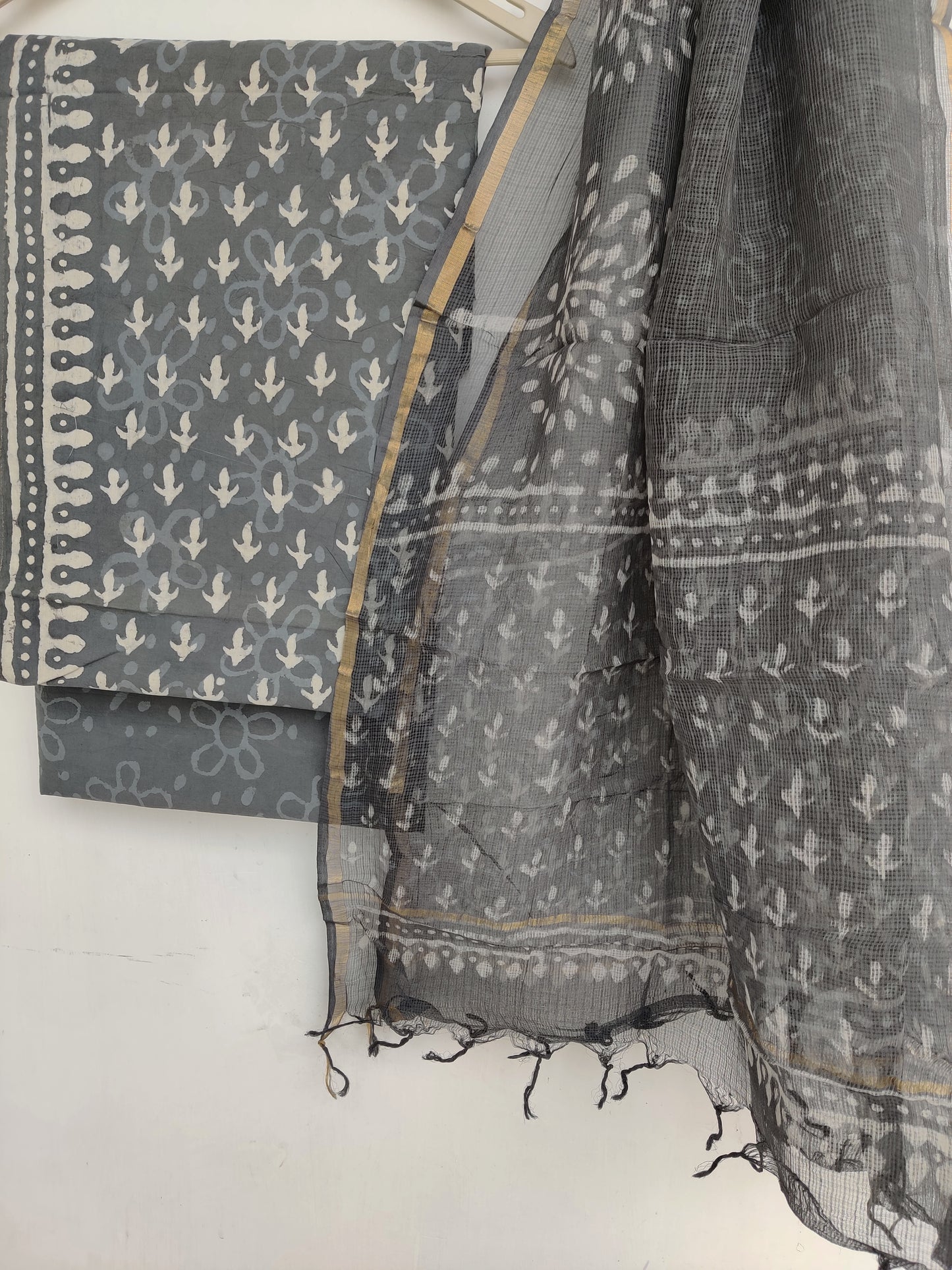 (DABU) Hand Block Printed Cotton Suit with Cotton Kota Doria dupatta