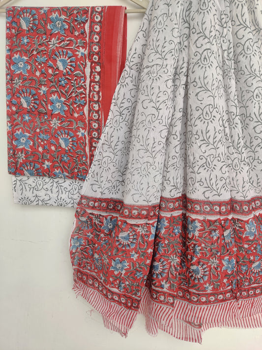 Hand Block Printed Cotton Suit With Mulmul Cotton Dupatta