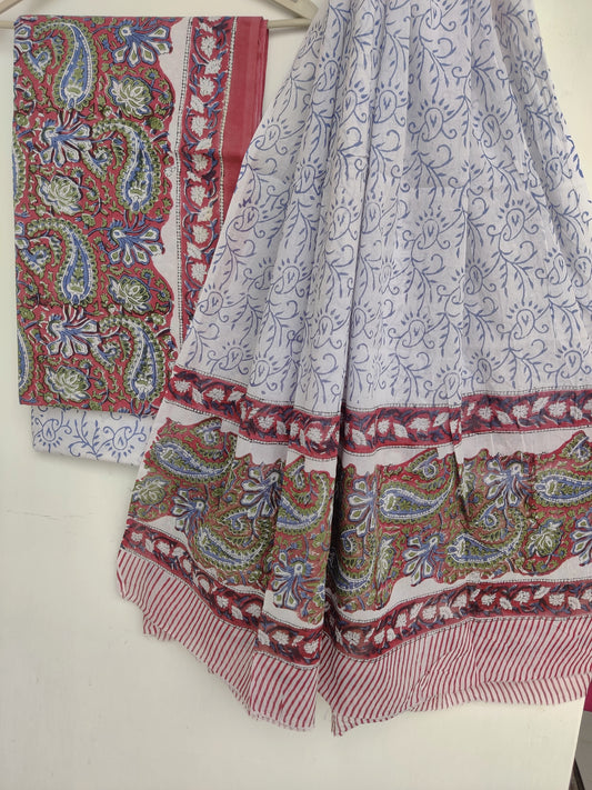 Hand Block Printed Cotton Suit With Mulmul Cotton Dupatta