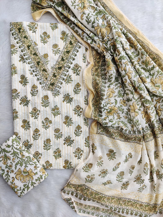 NEW LAUNCH            Exclusive Unstitched Cotton Neck Work Suits with Mulmul Dupatta