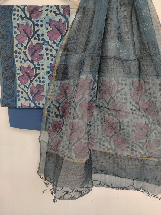 (VANASPATI) Block Printed Cotton Suit with Cotton Kota Doria Dupatta