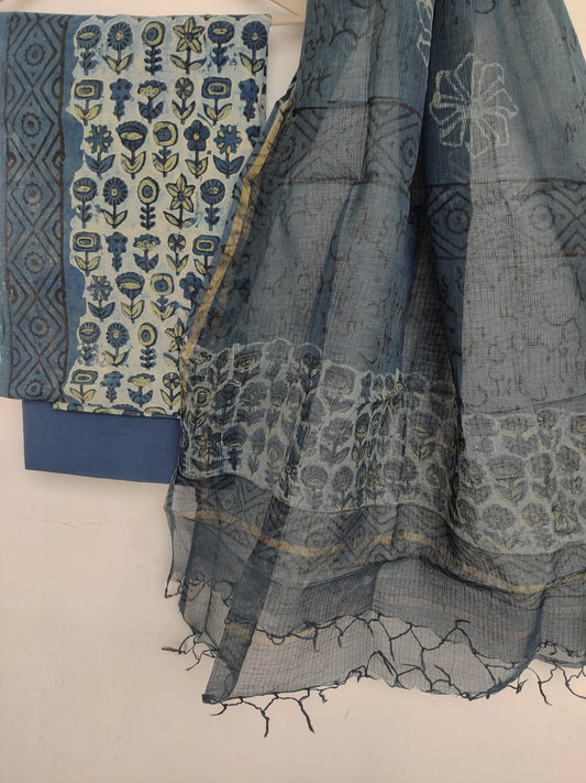 (VANASPATI) Block Printed Cotton Suit with Cotton Kota Doria dupatta