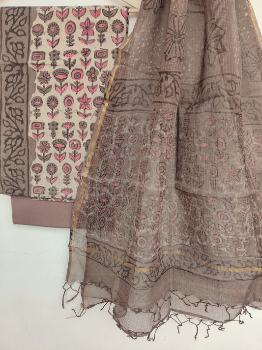 (VANASPATI) Block Printed Cotton Suit with Cotton Kota Doria dupattaa