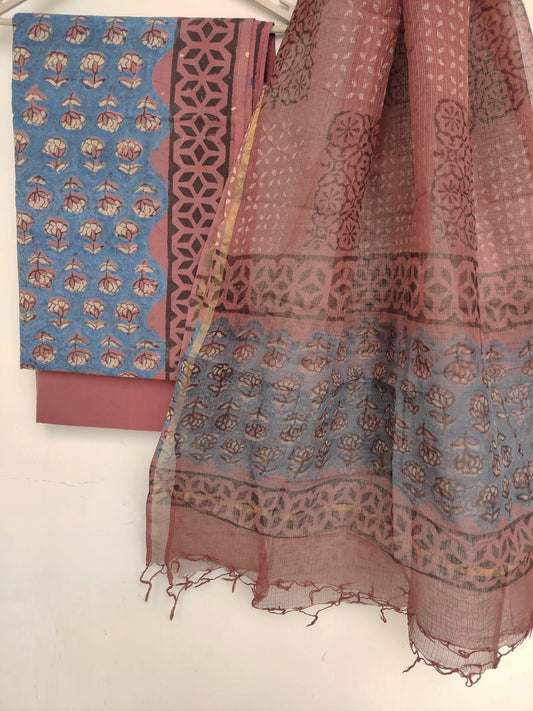 (VANASPATI) Block Printed Cotton Suit with Cotton Kota Doria dupattaa
