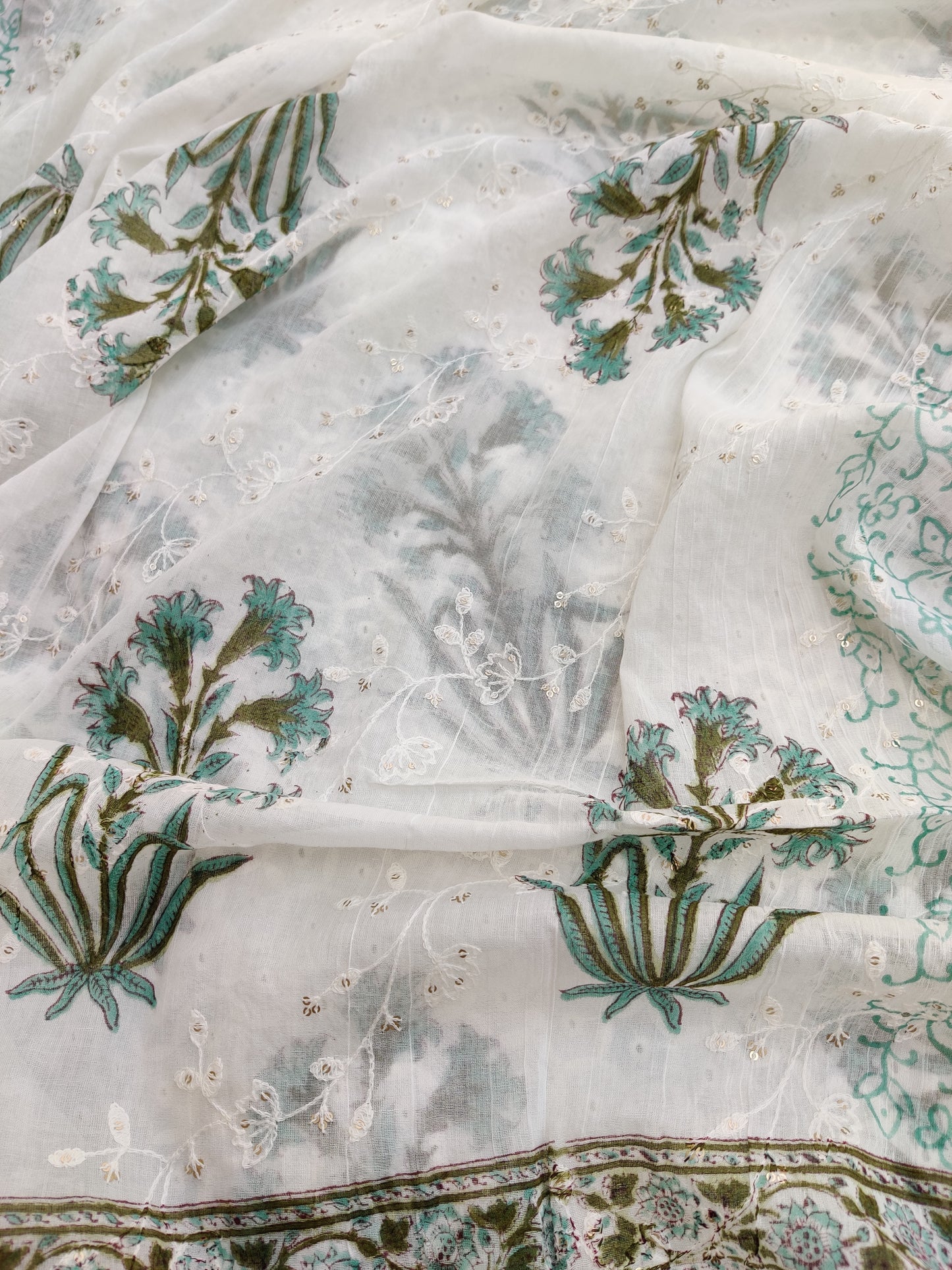 Hand Block Printed Cotton Schiffli Suit with Mulmul Embroidery Dupatta