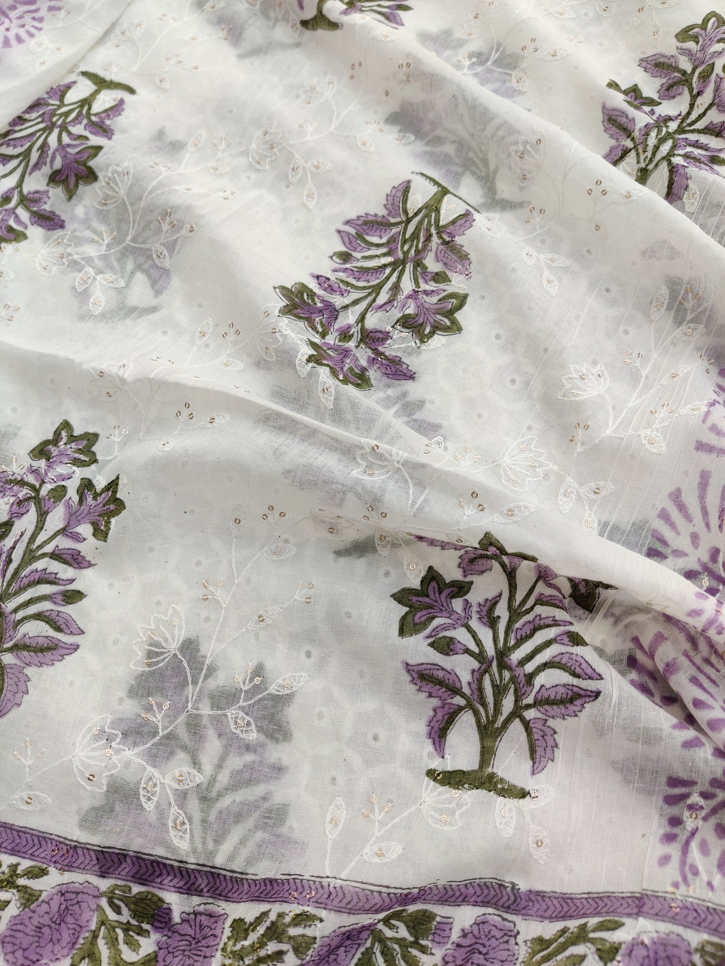 Hand Block Printed Cotton Schiffli Suit with Mulmul Embroidery Dupatta