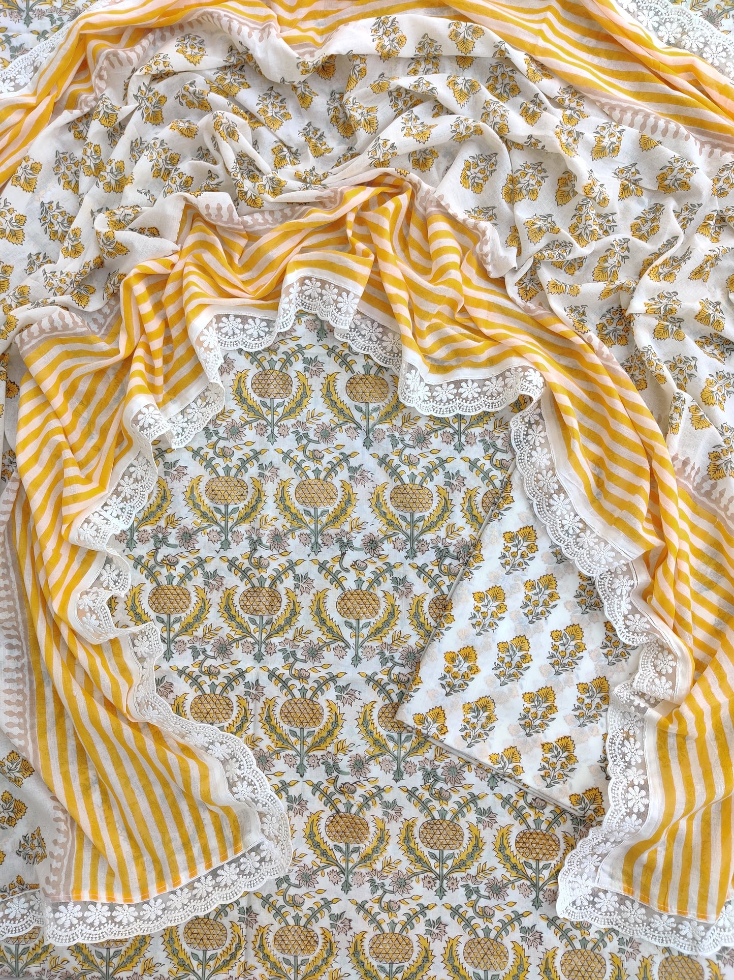 Hand Block Printed Cotton Suit With Lace Work Mulmul Dupatta