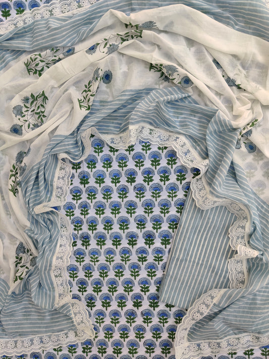 Hand Block Printed Cotton Suit With Lace Work Mulmul Dupatta