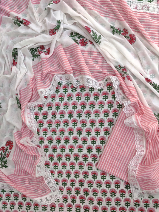 Hand Block Printed Cotton Suit With Lace Work Mulmul Dupatta