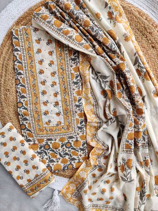 Exclusive Cotton Printed Neck Work Suits with mulmul dupatta