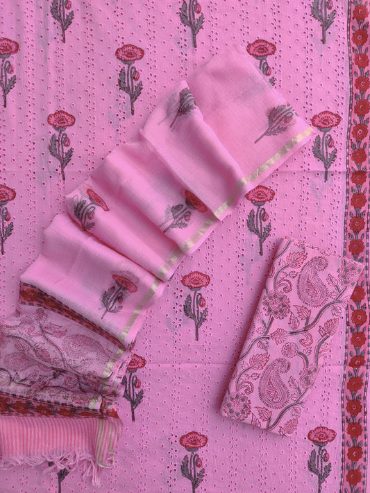 Hand Block Printed Cotton Schiffli Suit with Kota Doria Dupatta