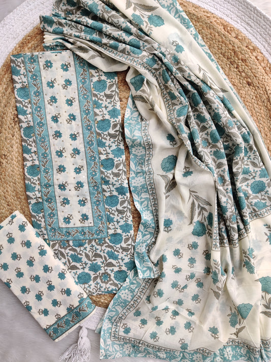 Exclusive Cotton Printed Neck Work Suits with mulmul dupatta