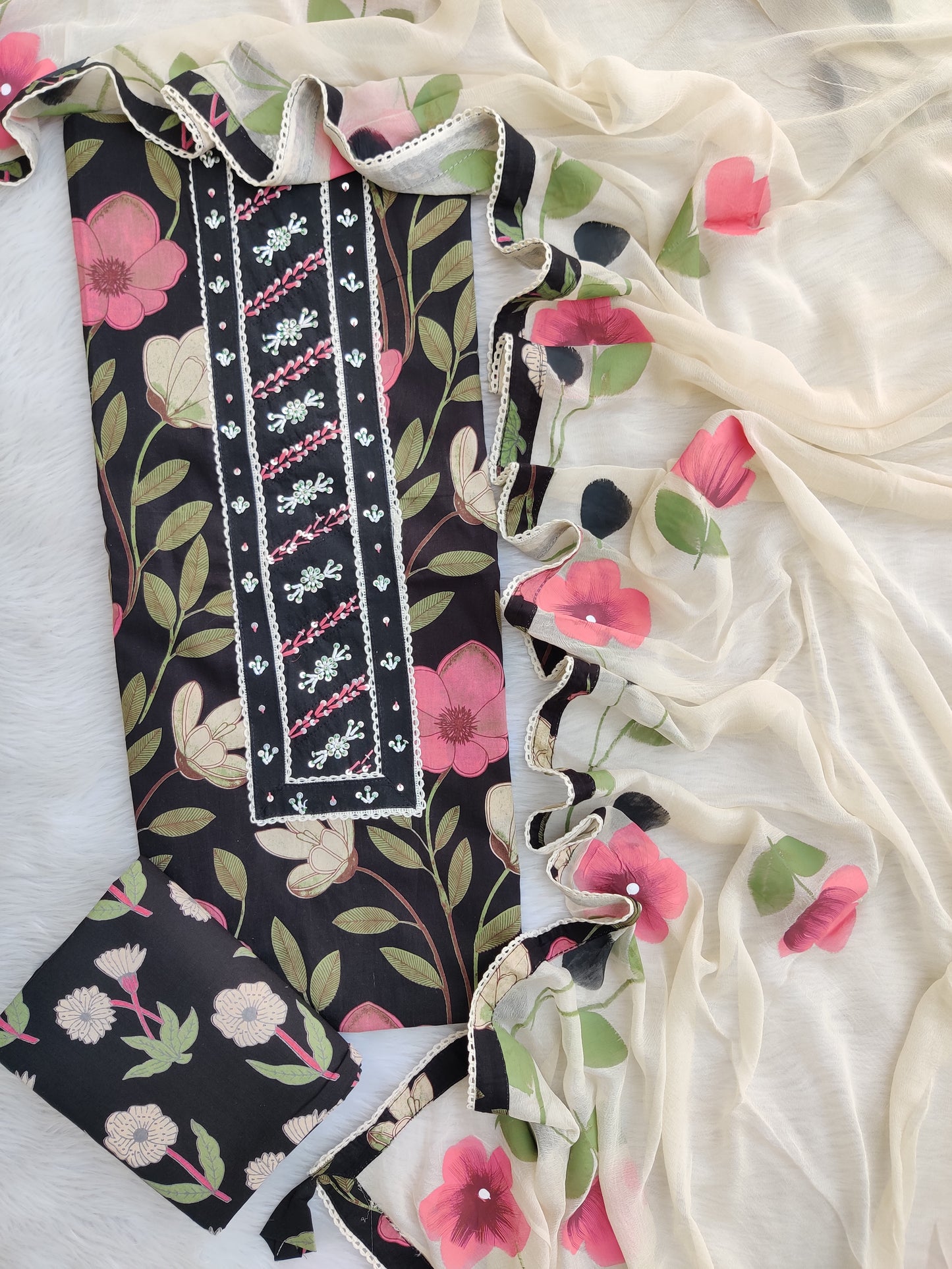 Exclusive Unstitched Cotton Neck Work Suits with Chiffon Dupatta