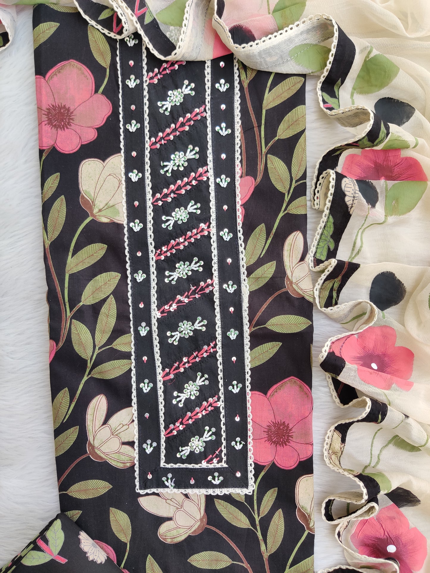 Exclusive Unstitched Cotton Neck Work Suits with Chiffon Dupatta