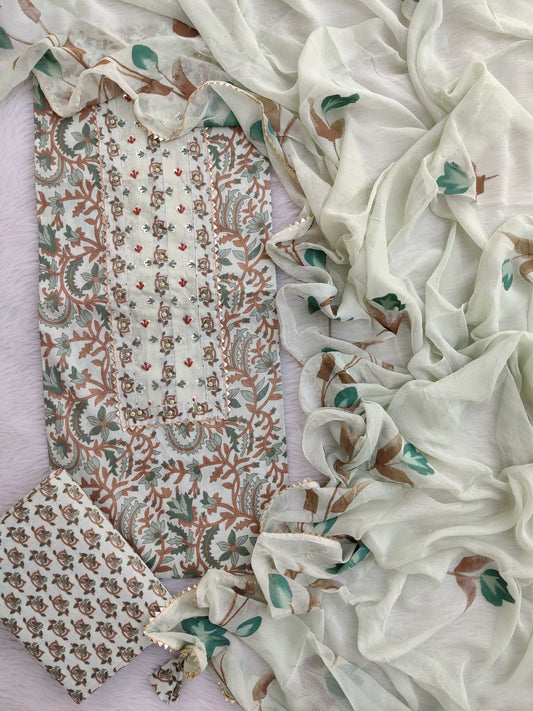 Exclusive Unstitched Cotton Neck Work Suits with Chiffon Dupatta