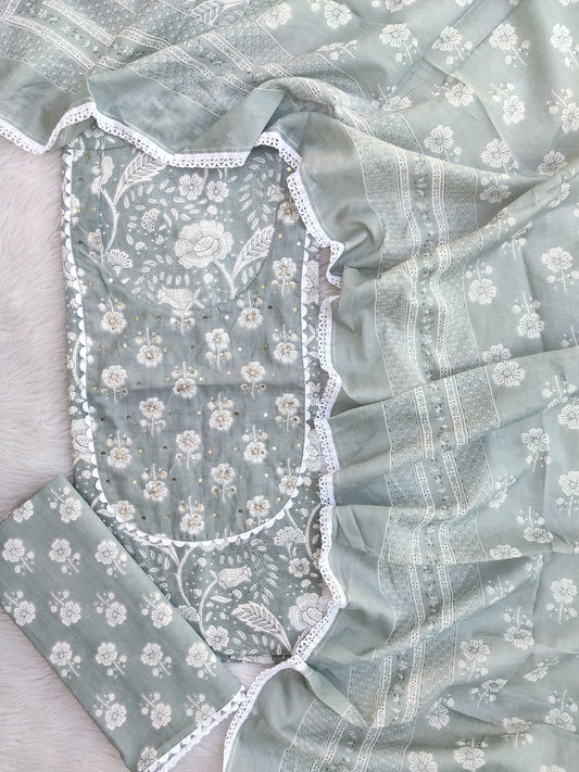 Exclusive Unstitched Cotton Neck Work Suits with Mulmul Dupatta