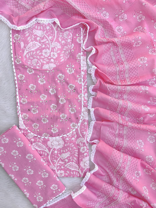 Exclusive Unstitched Cotton Neck Work Suits with Mulmul Dupatta