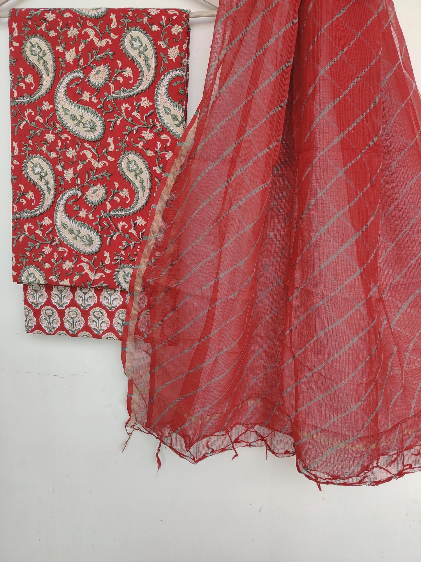 BLOCK PRINTED COTTON SUIT WITH LEHRIYA KOTA DORIA DUPATTA