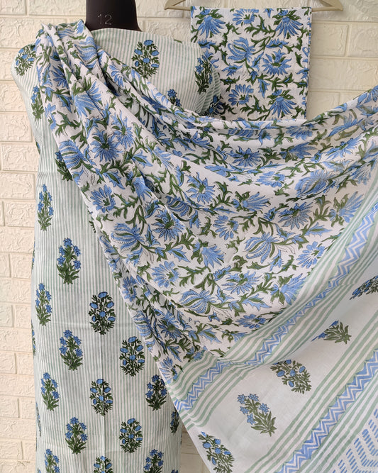 Hand Block Printed Cotton Suit With Mulmul Cotton Dupatta