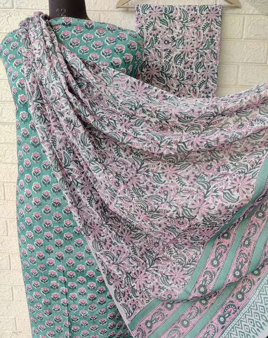 Hand Block Printed Cotton Suit With Mulmul Cotton Dupatta