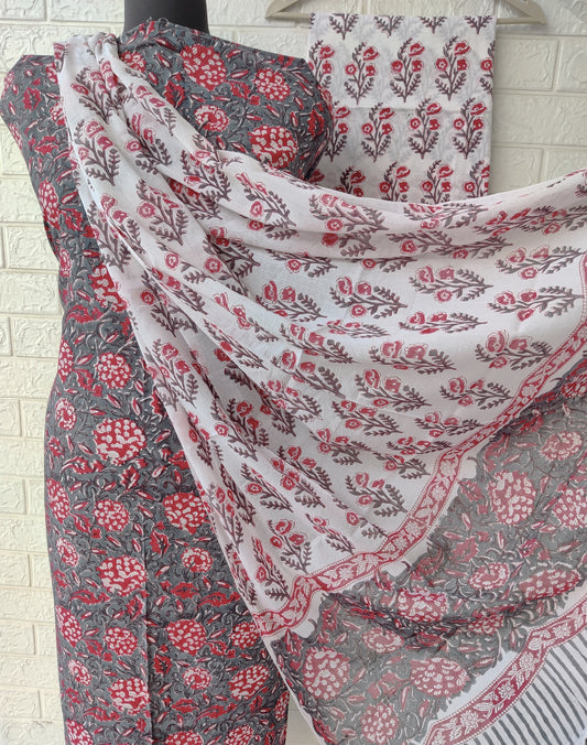 Hand Block Printed Cotton Suit With Mulmul Cotton Dupatta