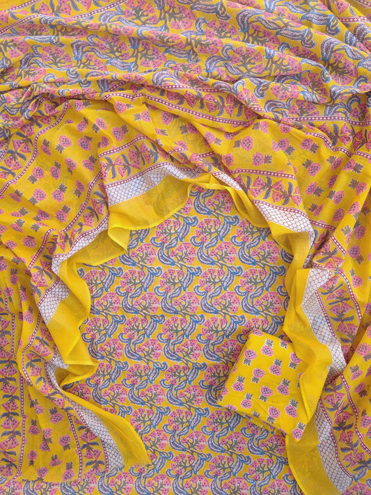 Jaipuri Printed Cotton Suit with Mulmul Cotton Dupatta