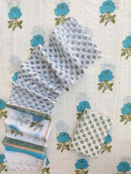 Hand Block Printed Cotton Schiffli Suit with Kota Doria Dupatta