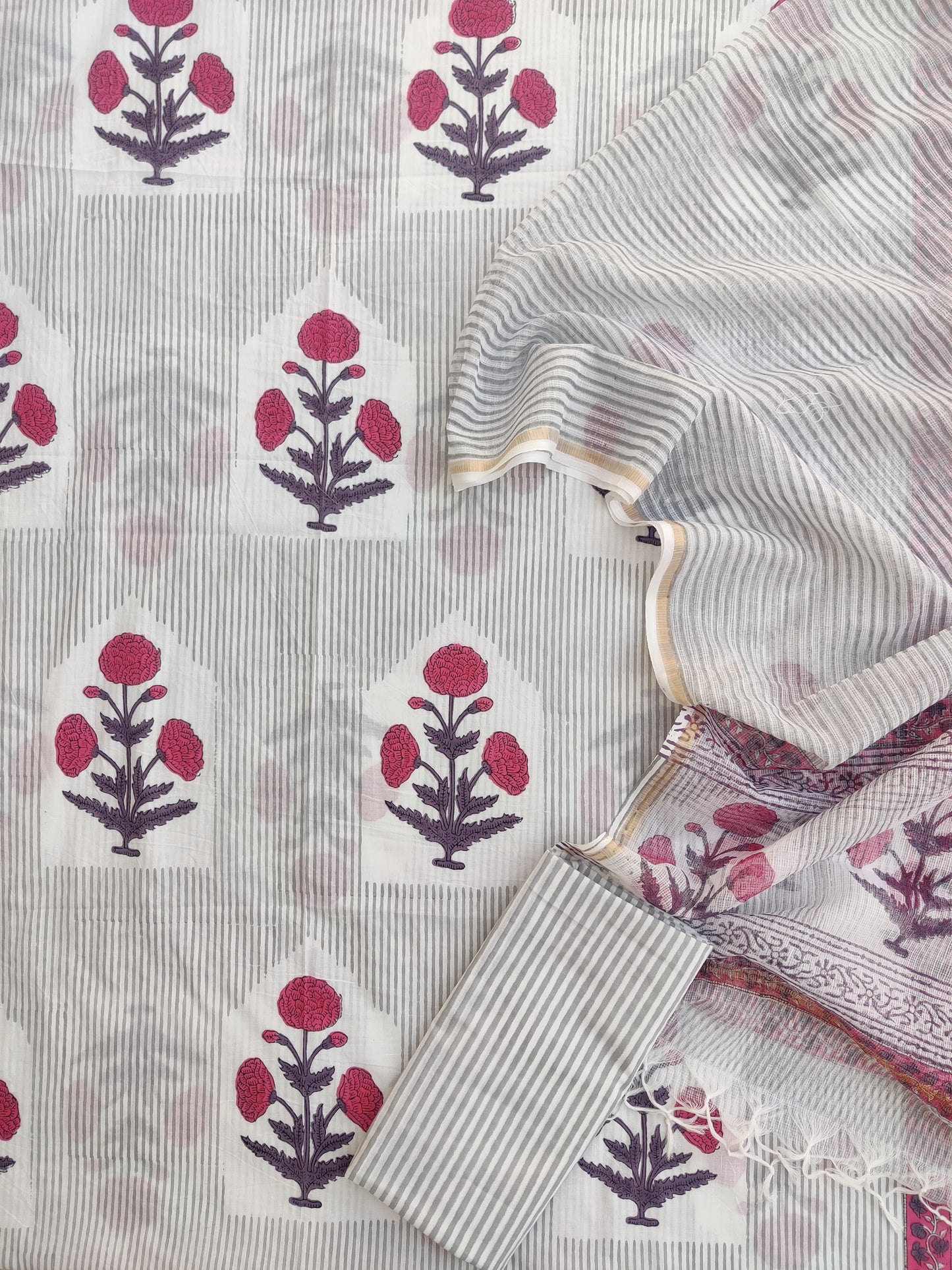 (BOOTA) Hand Block Printed Cotton Suit with Cotton Kota Doria dupatta