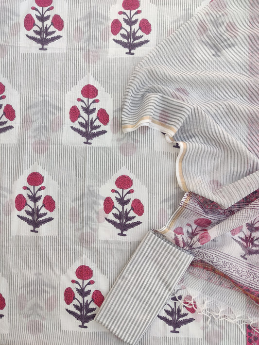 (BOOTA) Hand Block Printed Cotton Suit with Cotton Kota Doria dupatta