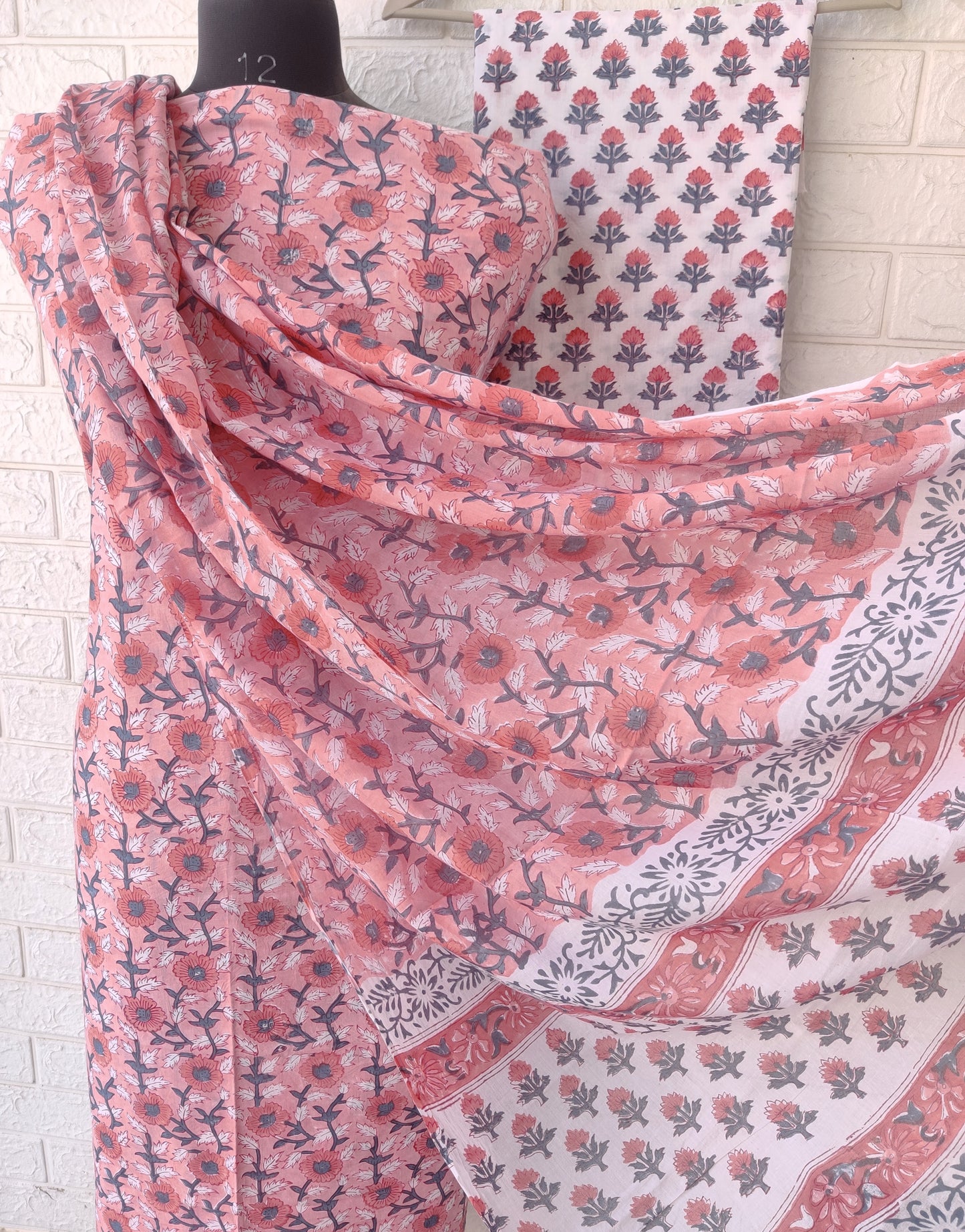 Hand Block Printed Cotton Suit With Mulmul Cotton Dupatta
