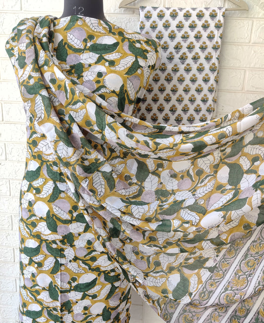 Hand Block Printed Cotton Suit With Mulmul Cotton Dupatta