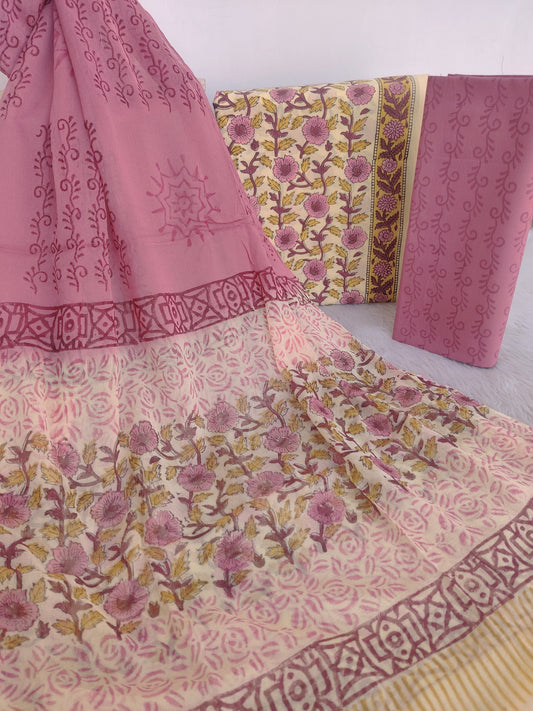 HAND BLOCK PRINTED COTTON SUIT WITH PURE CHIFFON DUPATTA