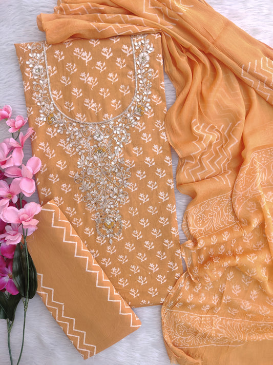 FLORAL PRINTED COTTON GOTA PATTI SUIT WITH CHIFFON DUPATTA