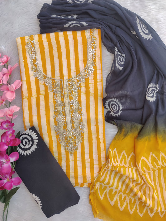 FLORAL PRINTED COTTON GOTA PATTI SUIT WITH CHIFFON DUPATTA