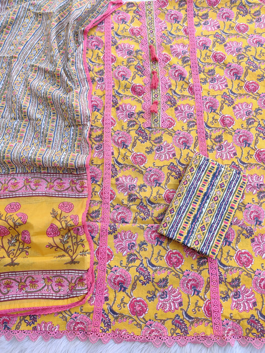Exclusive Unstitched Cotton Neck Work Suits with Mulmul Dupatta