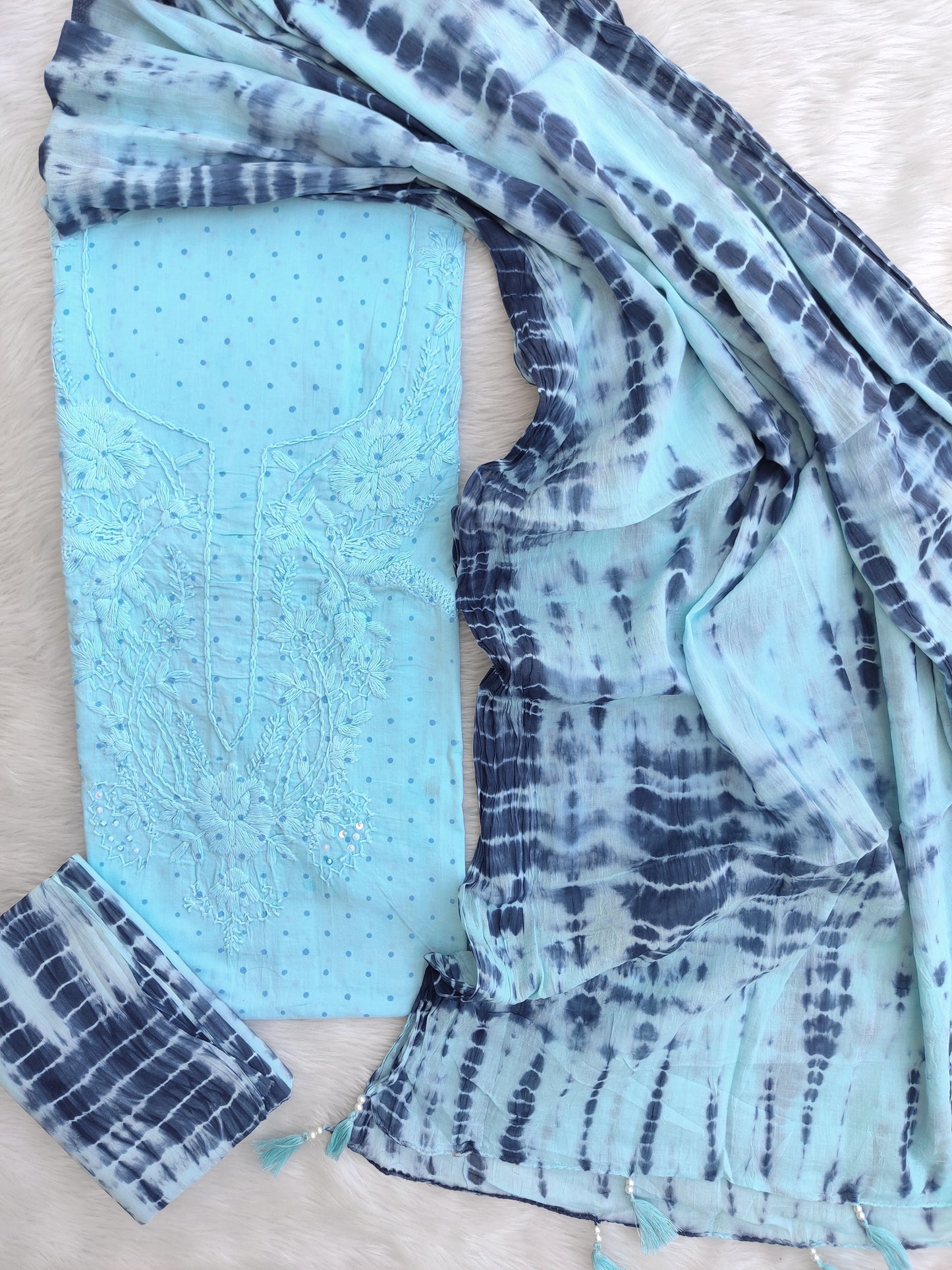 NEW LAUNCH            Exclusive Unstitched Cotton Neck Work Suits with Mulmul Dupatta