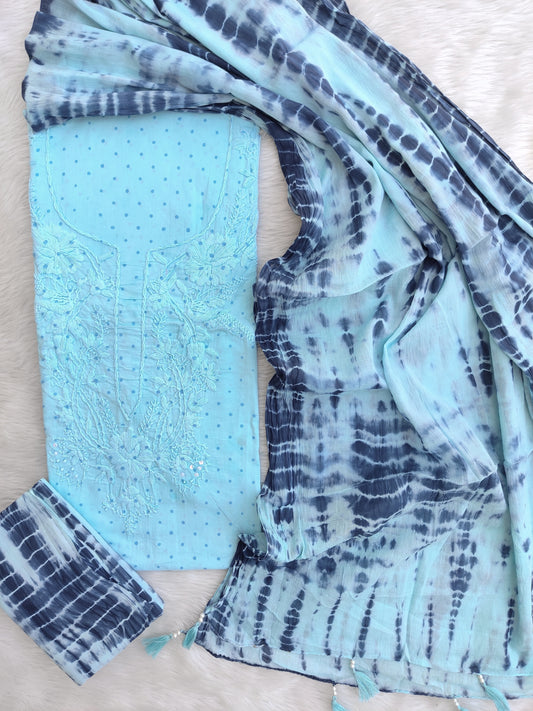 NEW LAUNCH            Exclusive Unstitched Cotton Neck Work Suits with Mulmul Dupatta
