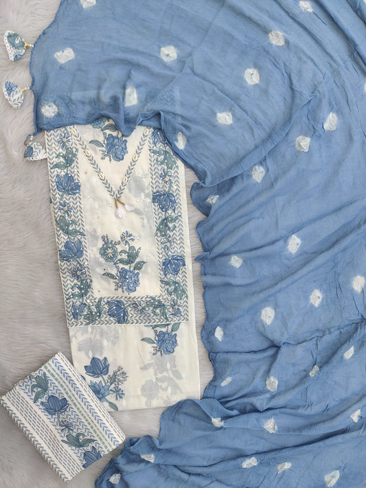 NEW LAUNCH            Exclusive Unstitched Cotton Neck Work Suits with Chiffon Dupatta