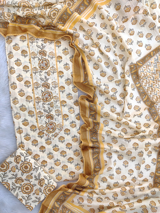 NEW LAUNCH            Exclusive Unstitched Cotton Neck Work Suits with Mulmul Dupatta