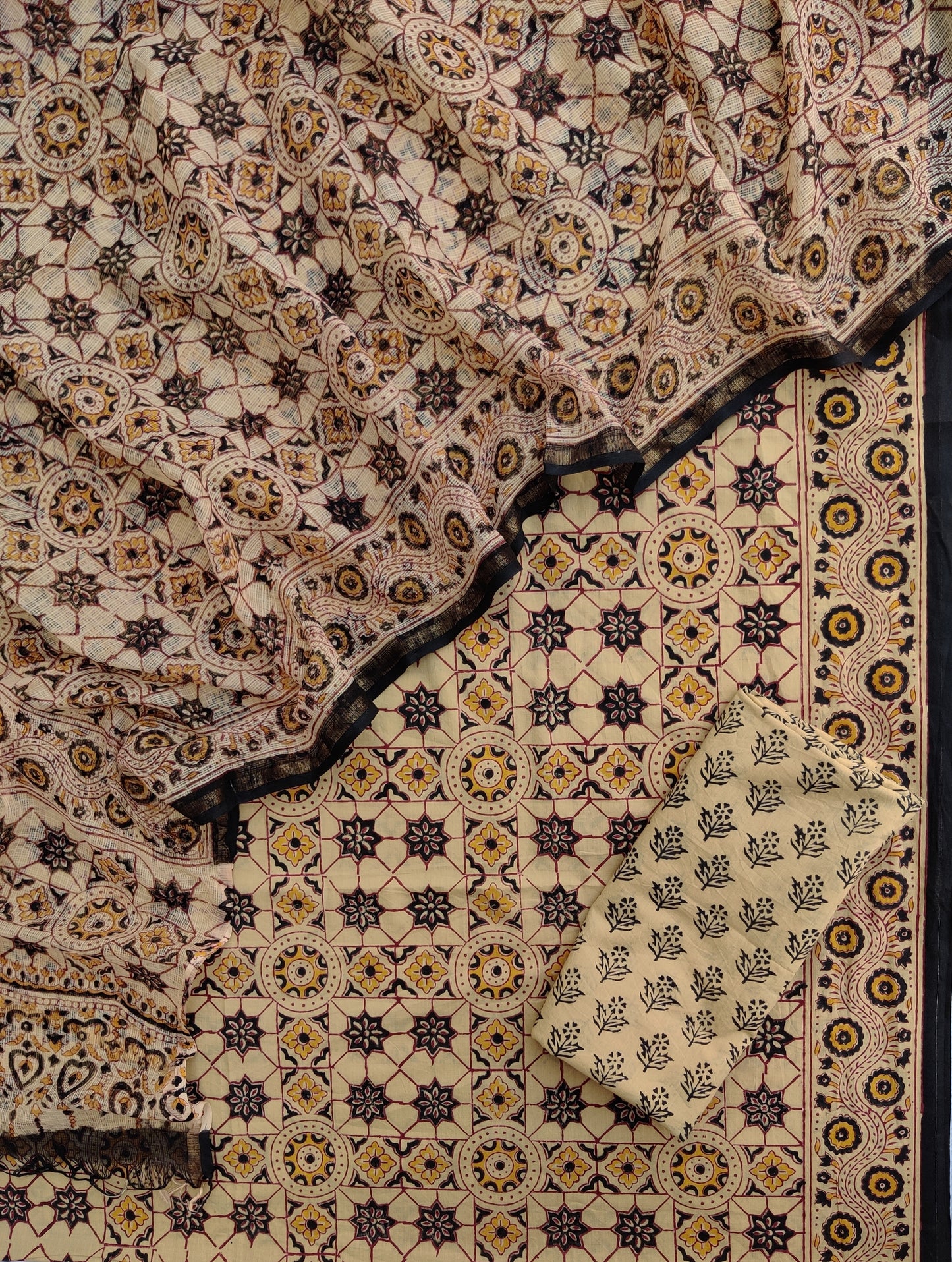 (AJRAKH) Hand Block Printed Cotton Suit with Cotton Kota Doria Dupatta