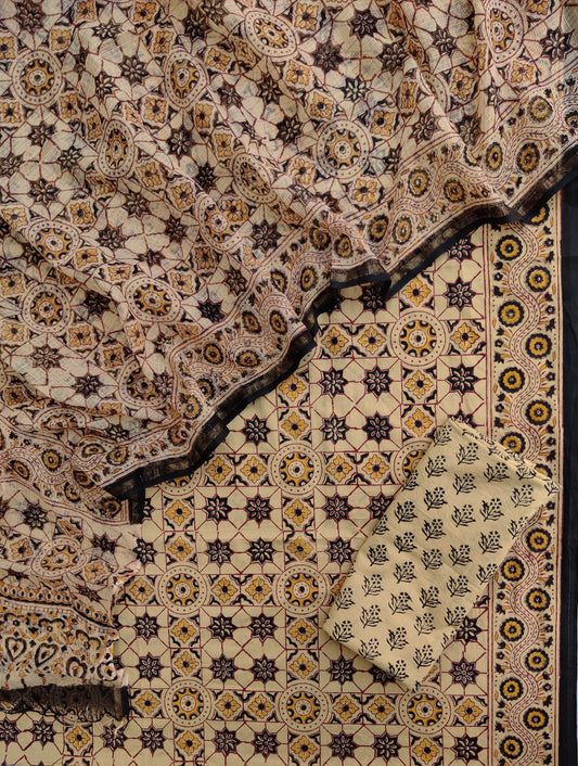 (AJRAKH) Hand Block Printed Cotton Suit with Cotton Kota Doria Dupatta